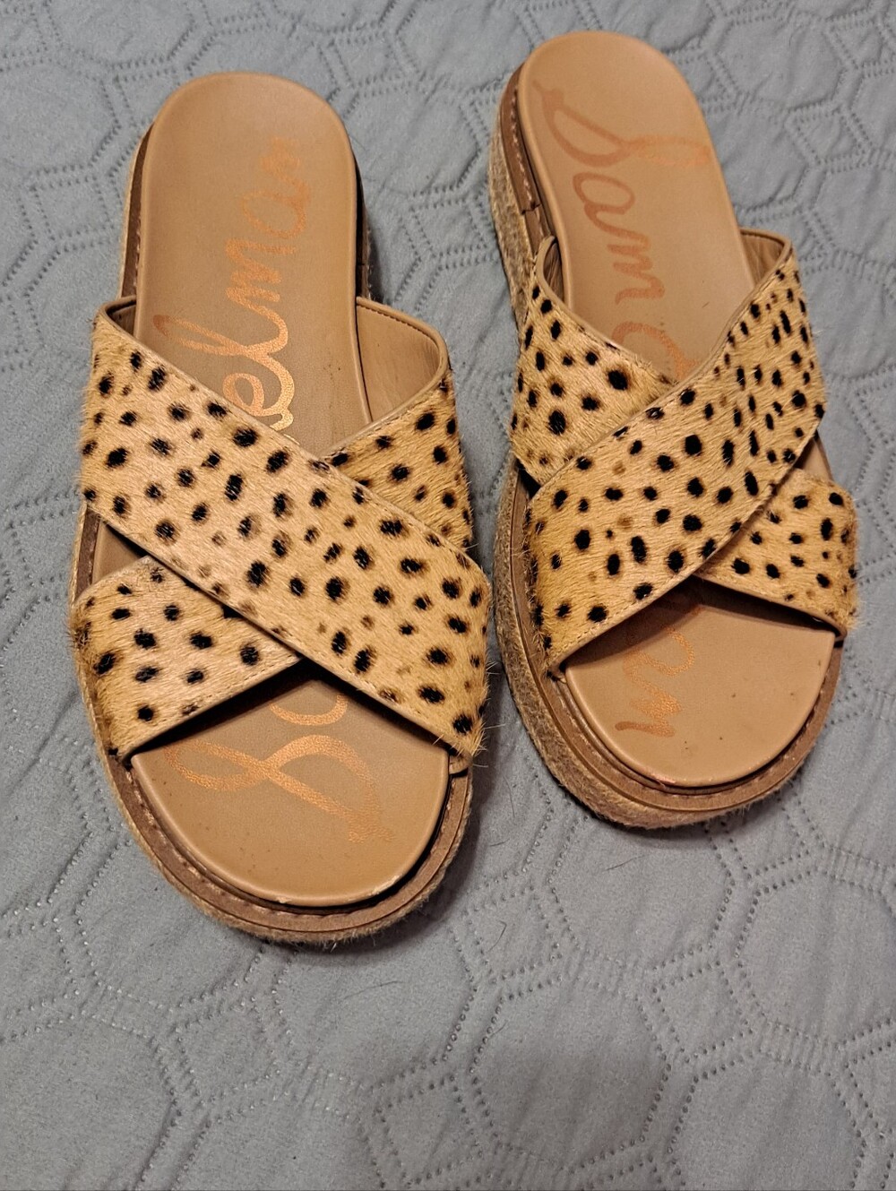 Sam Edelman Tan Leopard-Print Crossband Slide Sandals Faux Fur Size 10